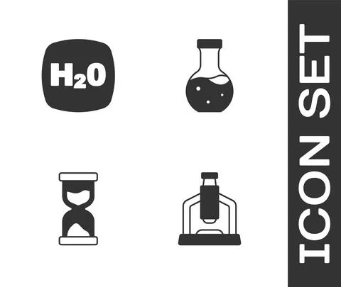 Set Microscope, Chemical formula H2O, Old hourglass and Test tube icon. Vector Illustrazione stock
