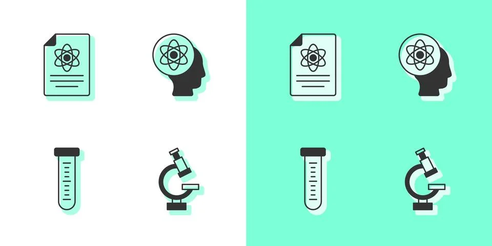 Set Microscope, Chemistry report, Test tube and Atom icon. Vector Illustrazione stock