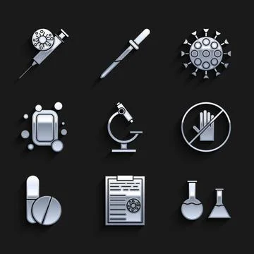 Set Microscope, Clipboard with blood test results, Test tube and flask, No Stockillustratie