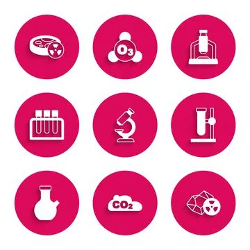 Set Microscope, CO2 emissions in cloud, Radioactive, Test tube flask stand, and Stock Illustration