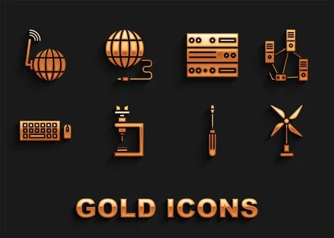 Set Microscope, Computer network, Wind turbine, Screwdriver, Keyboard and mouse Illustrazione stock