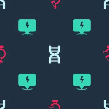 Set Microscope, DNA symbol and Lightning bolt on seamless pattern. Vector Stock Illustration
