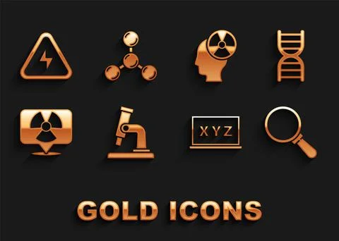 Set Microscope, DNA symbol, Magnifying glass, XYZ Coordinate system, Radioactive Illustrazione stock