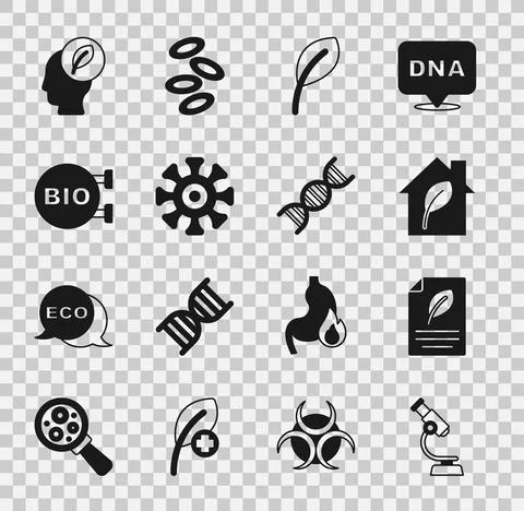 Set Microscope, Eco paper with leaf, friendly house, Leaf or leaves, Bacteria Stock Illustration