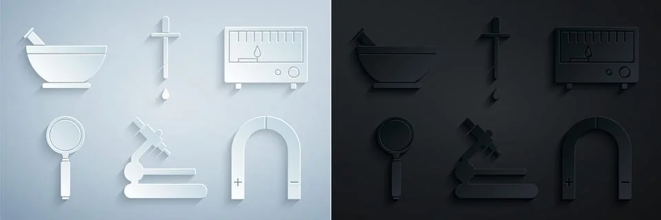 Set Microscope, Electrical measuring instruments, Magnifying glass, Magnet Illustrazione stock