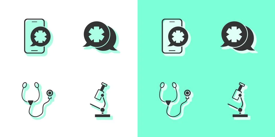 Set Microscope, Emergency phone call, Stethoscope and Dialogue with the doctor Stock Illustration