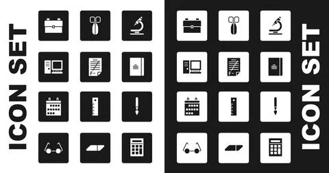 Set Microscope, Exam paper with incorrect answers, Computer monitor, School 스톡 일러스트