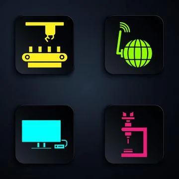 Set Microscope, Factory conveyor system belt, Smart Tv and Social network. Black 스톡 일러스트