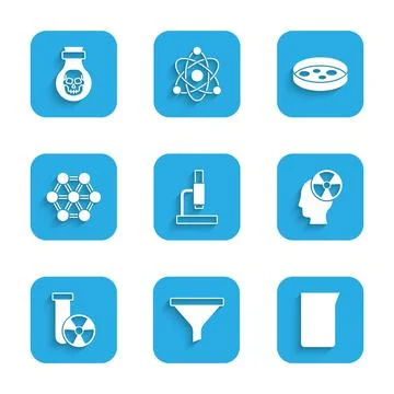 Set Microscope, Funnel or filter, Laboratory glassware beaker, Head and Stockillustratie