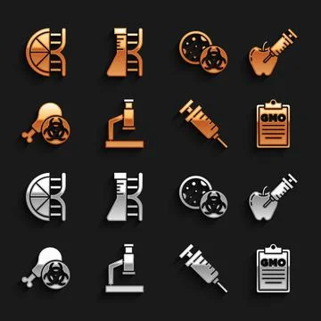 Set Microscope, Genetically modified apple, GMO, Syringe, Gmo research chicken Stock Illustration