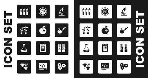 Set Microscope, Genetically modified apple, Pipette and plant, Reagent bottle Illustrazione stock