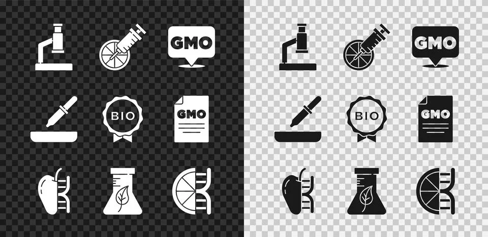 Set Microscope, Genetically modified orange, GMO, apple, Test tube and flask 스톡 일러스트