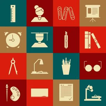 Set Microscope, Glasses, Office folders with papers and documents, Paper clip Stock Illustration