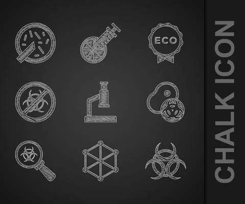 Set Microscope, GMO, Biohazard symbol, Genetically modified meat, and magnifying Illustrazione stock