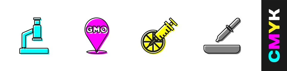 Set Microscope, GMO, Genetically modified orange and Pipette icon. Vector イラスト素材