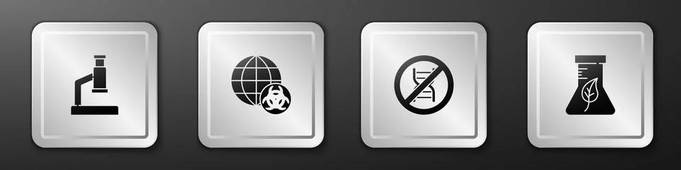 Set Microscope, GMO, Stop and Test tube and flask icon. Silver square button Stockillustratie