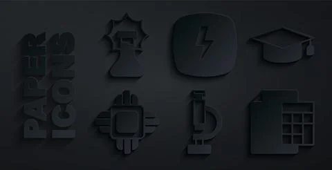 Set Microscope, Graduation cap, Processor CPU, Calculator, Lightning bolt and イラスト素材
