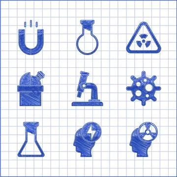 Set Microscope, Head and electric symbol, radiation, Virus, Test tube flask イラスト素材