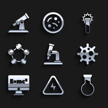 Set Microscope, High voltage, Test tube and flask, Virus, Equation solution Stockillustratie