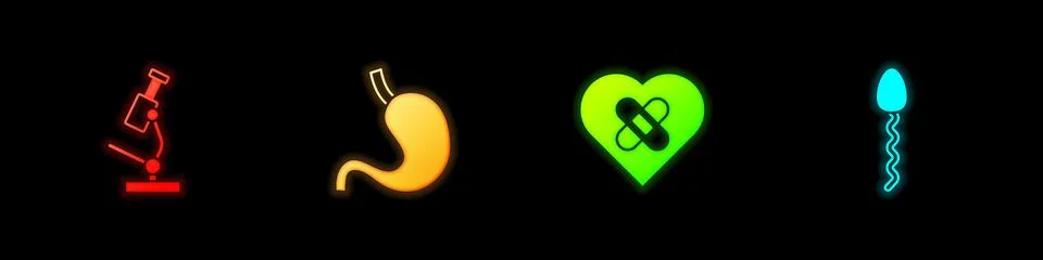 Set Microscope, Human stomach, Healed broken heart and Sperm icon. Vector Stock Illustration