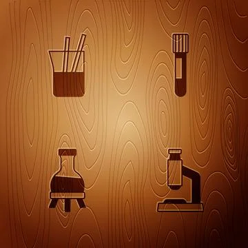 Set Microscope, Laboratory glassware, Test tube and on wooden background. Vector イラスト素材