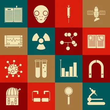 Set Microscope, Magnet, Open book, Syringe, Radioactive, Computer monitor with Illustrazione stock