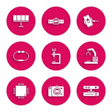 Set Microscope, Mirrorless camera, Motion sensor, Robotic robot arm hand factory Stock Illustration