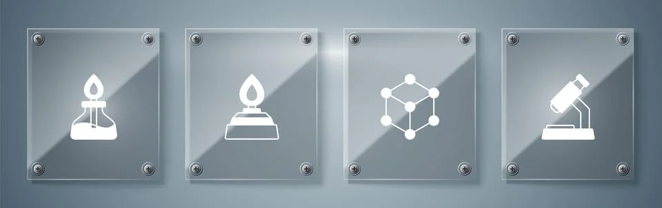 Set Microscope, Molecule, Alcohol or spirit burner and . Square glass panels Stock Illustration