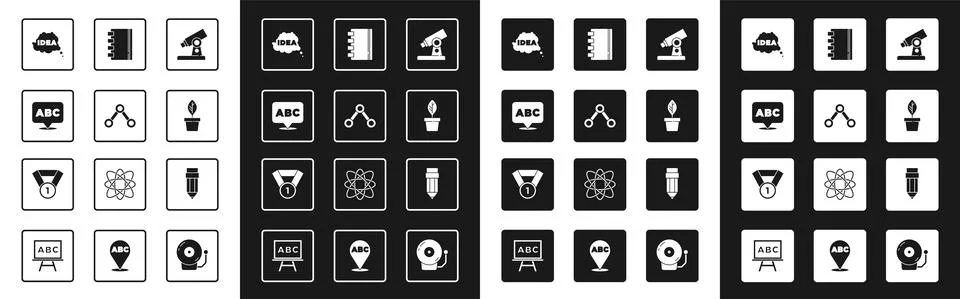 Set Microscope, Molecule, Alphabet, Idea, speech bubble, Plant in pot, Spiral Stock Illustration