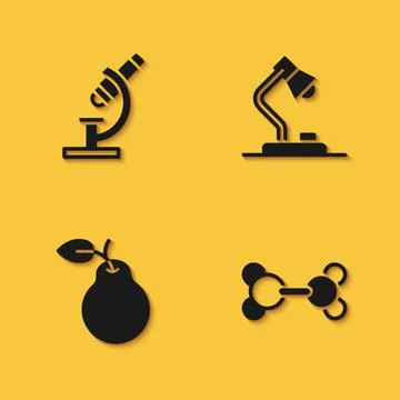 Set Microscope, Molecule, Pear and Table lamp icon with long shadow. Vector Illustrazione stock
