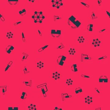 Set Microscope, Molecule, Pipette and Safety goggle glasses on seamless pat.. Illustrazione stock