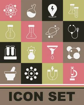 Set Microscope, Molecule, Stethoscope, Lightning bolt, Test tube, Atom and .. 库存插图