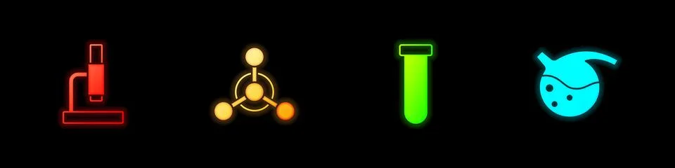 Set Microscope, Molecule, Test tube and flask and icon. Vector Illustrazione stock