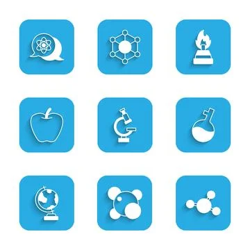 Set Microscope, Molecule, Test tube, Earth globe, Apple, Alcohol or spirit Stock Illustration