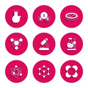 Set Microscope, Molecule, Test tube flask on stand, Atom, Petri dish with b.. 스톡 일러스트