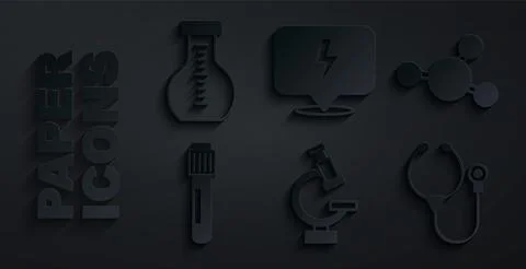 Set Microscope, Molecule, Test tube, Stethoscope, Lightning bolt and icon. .. Stockillustratie