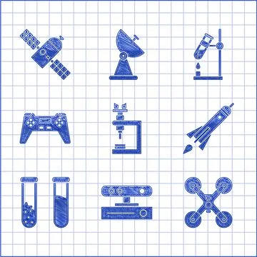 Set Microscope, Motion sensor, Drone flying, Rocket ship with fire, Test tube Stock Illustration