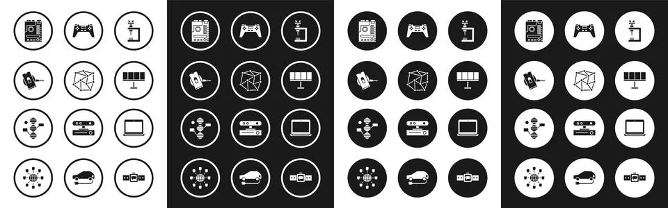 Set Microscope, Neural network, Wireless charger, Motherboard, Solar energy Illustrazione stock