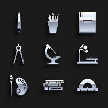 Set Microscope, Office folders with papers and documents, Protractor grid for Stock Illustration