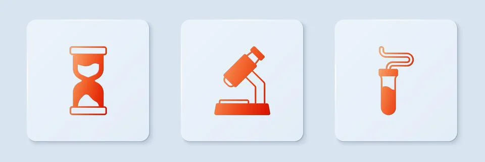 Set Microscope, Old hourglass and Test tube. White square button. Vector 스톡 일러스트