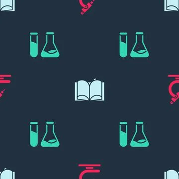 Set Microscope, Open book and Test tube and flask on seamless pattern. Vector Stock Illustration