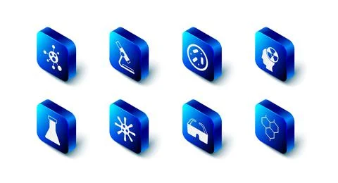 Set Microscope, Petri dish with bacteria, Head and radiation symbol, Chemical Stock Illustration
