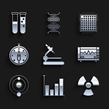 Set Microscope, Pie chart infographic, Radioactive, Computer monitor with Illustrazione stock