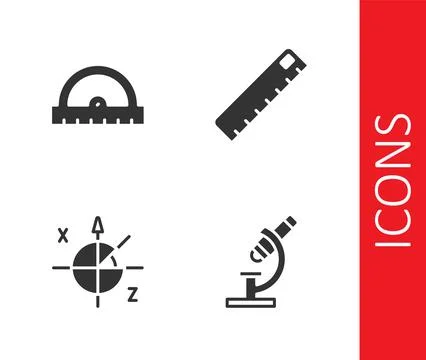 Set Microscope, Protractor grid, Trigonometric circle and Ruler icon. Vector Stock Illustration