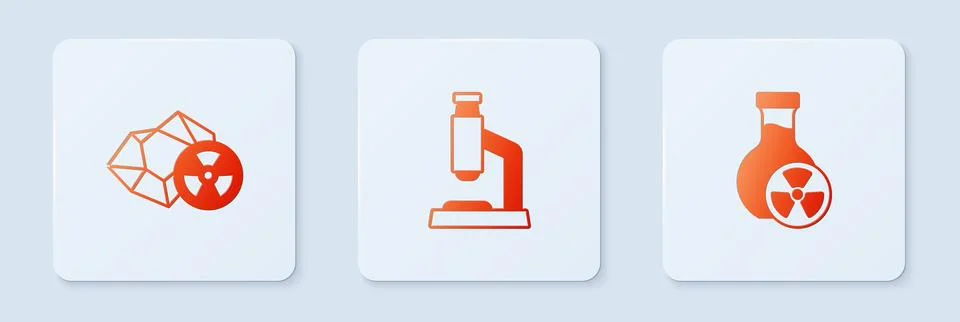 Set Microscope, Radioactive and Test tube with toxic liquid. White square button 库存插图