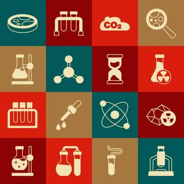 Set Microscope, Radioactive, Test tube with toxic liquid, CO2 emissions in cloud Stock Illustration