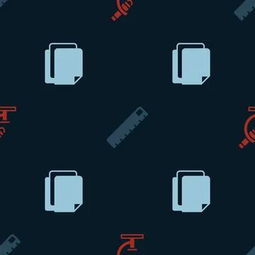 Set Microscope, Ruler and File document on seamless pattern. Vector Stock Illustration