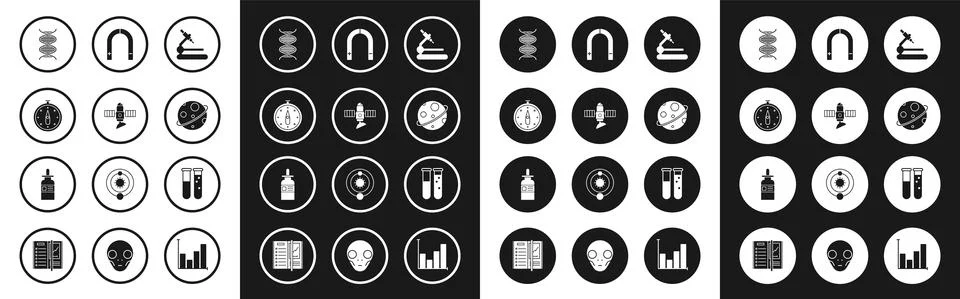 Set Microscope, Satellite, Compass, DNA symbol, Planet, Magnet, Test tube and 스톡 일러스트