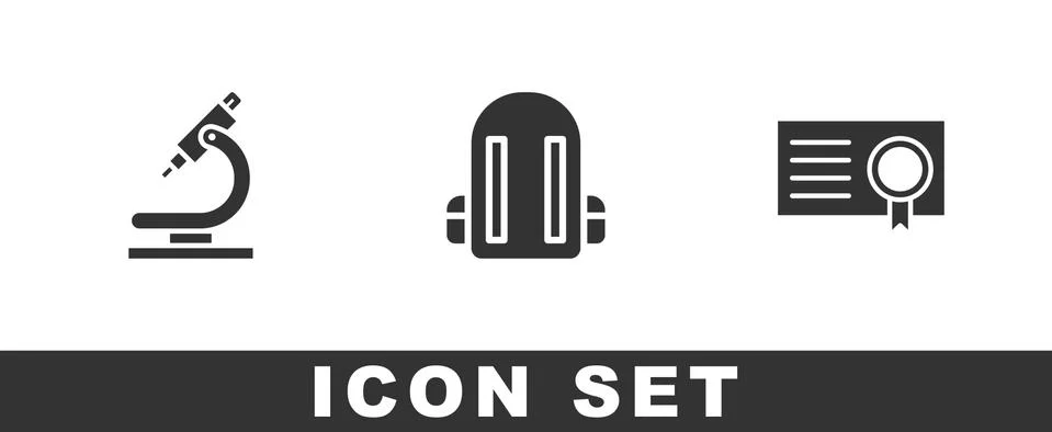 Set Microscope, School backpack and Certificate template icon. Vector Illustrazione stock