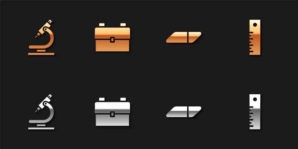 Set Microscope, School backpack, Eraser or rubber and Ruler icon. Vector Stock Illustration